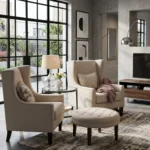 Beige Accent Chair Set with Ottoman – Contemporary Style and Comfort